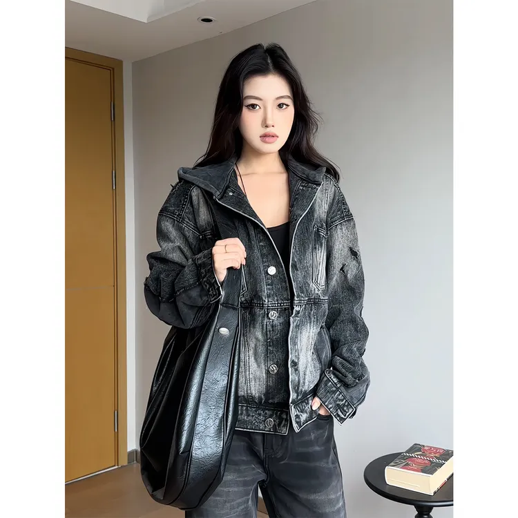 MaxDstr 美式复古重磅拼接卫衣连帽竹节纹牛仔夹克男女设计感外套