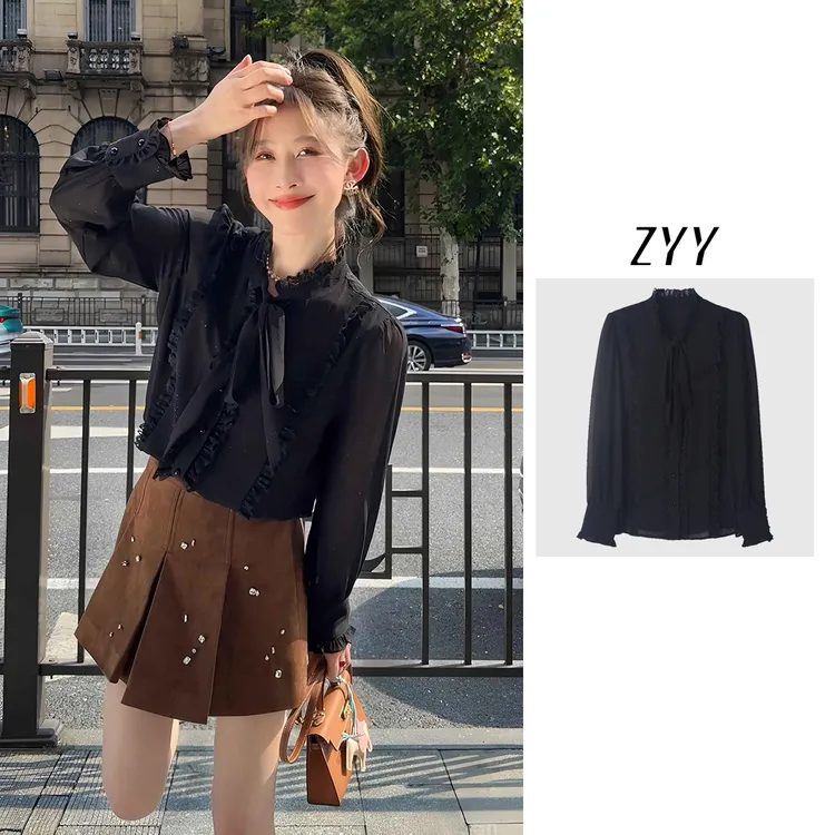 ZYY【凝夜雾花】2025S/S新品法式复古荷叶边气质衬衫女X25QCS03725