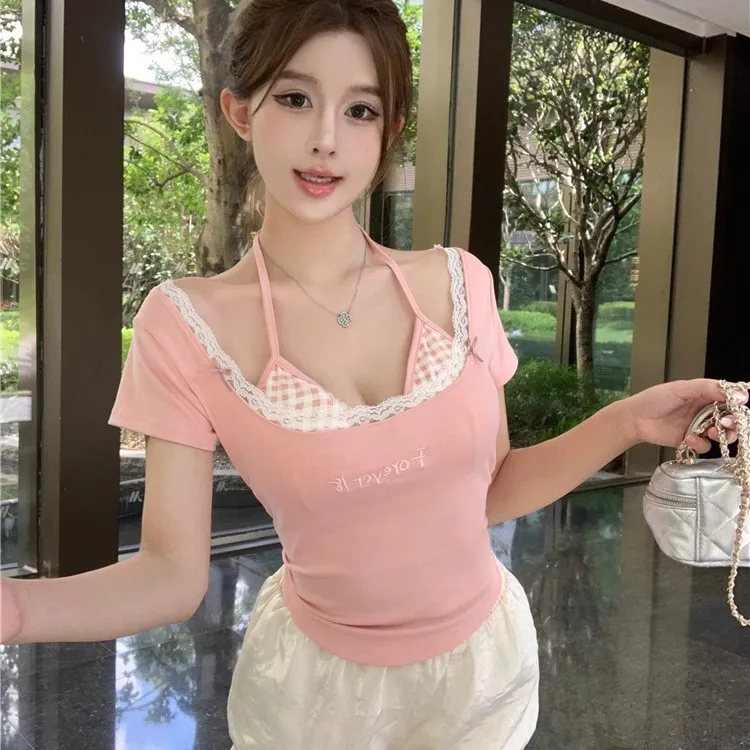 5056刺绣方领夏季短袖短款性感背心吊带上衣格子修身拼接蕾丝T恤