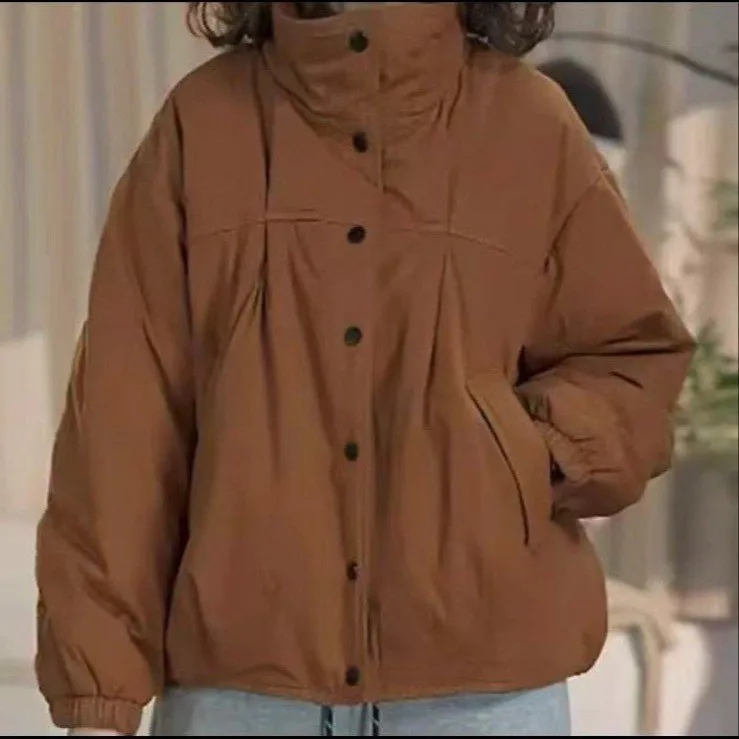 2025秋冬新款时尚休闲百搭减龄纯色立领宽松保暖棉服外套