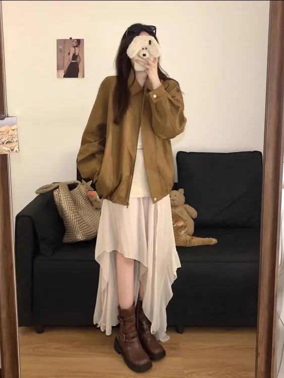 松弛感麂皮绒外套女2025秋季新款复古韩系慵懒小个子棕色夹克上衣