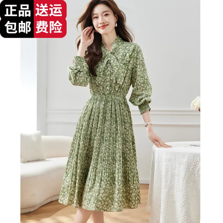 恒源祥彩羊新款显瘦女装蝴蝶结碎花连衣裙2025新款春秋桑蚕丝百搭