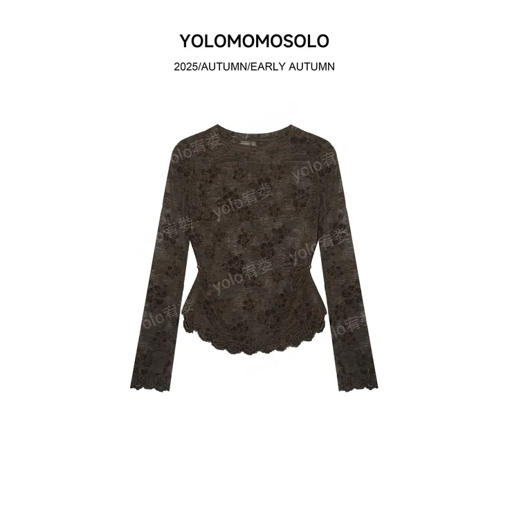 •莲生•2025秋冬镂空立体收腰调节提花设计感蕾丝长袖上衣258951