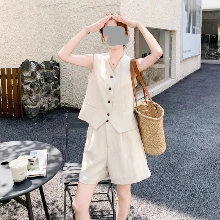 韩系气质V领无袖马甲背心女夏季新款高腰显瘦休闲裤短裤两件套