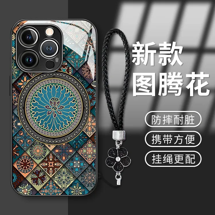 复古图腾适用于苹果15华为vivo/oppo小米iPhone16电镀玻璃手机壳