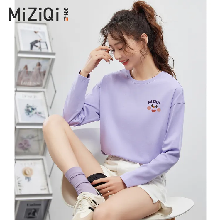米子旗纯棉长袖t恤女秋季正肩圆领印花宽松内搭打底慵懒休闲上衣