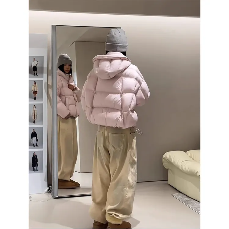 2025冬季新款粉色短款连帽泡芙棉服女加厚百搭小个子面包服外套