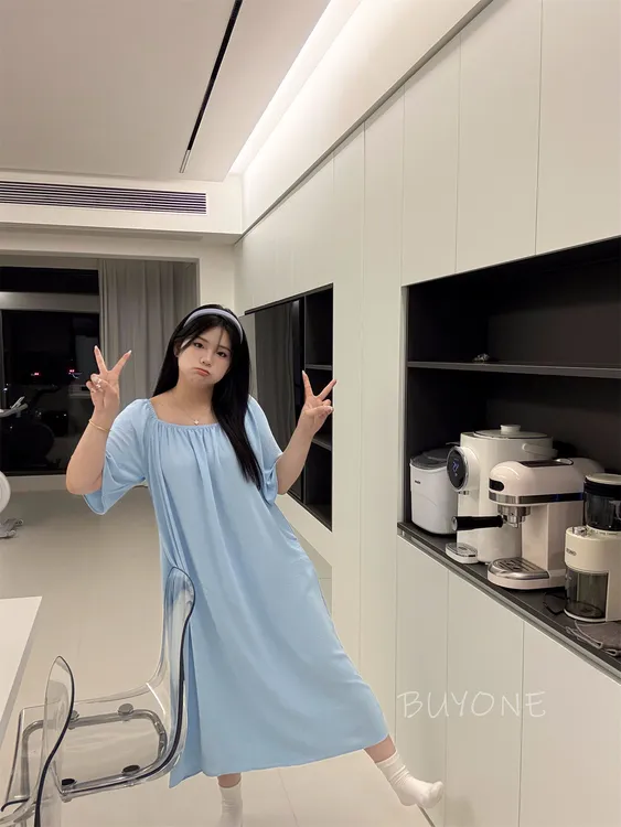 【莫兰迪裙】大码睡裙女胖MM200斤中长裙冰丝皱凉感Baby蓝超宽松