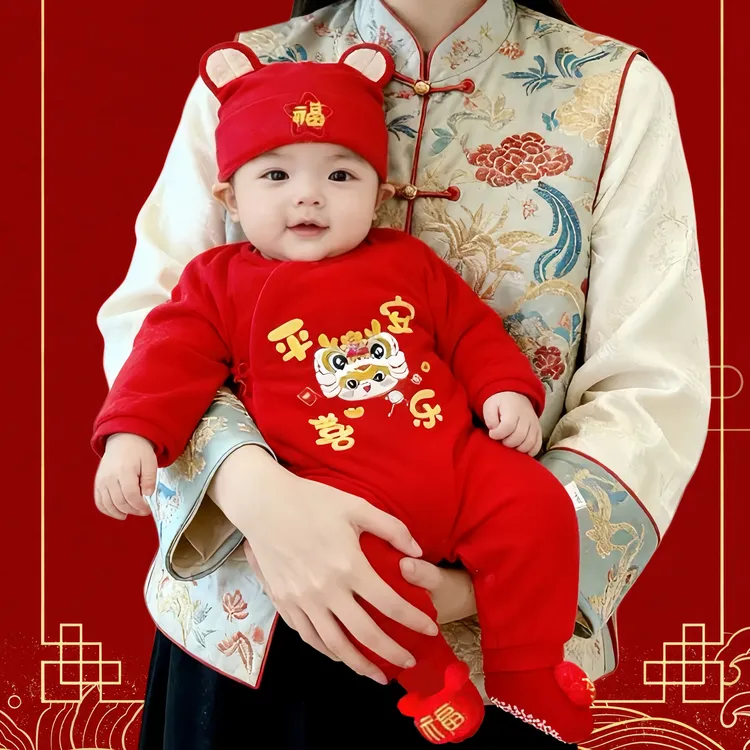 拜年服连脚红色新生男女宝宝满月婴儿连体衣服春秋冬季百天宴套装