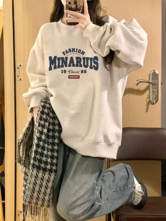 重磅棉美式高街无帽卫衣女春秋新款宽松胖mm慵懒加绒加厚别致上衣