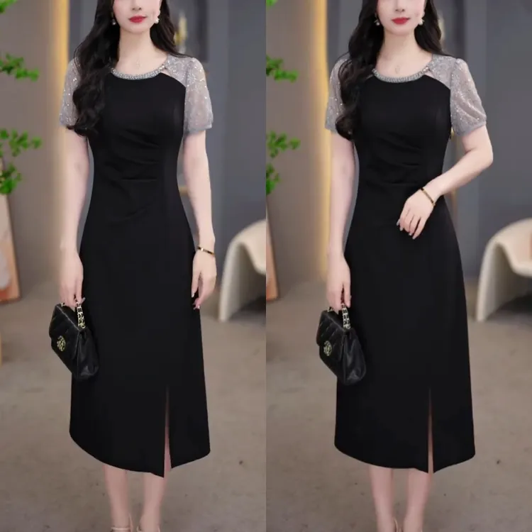 时尚假两件短袖连衣裙女夏季新款气质收腰显瘦中长款休闲开衩裙子