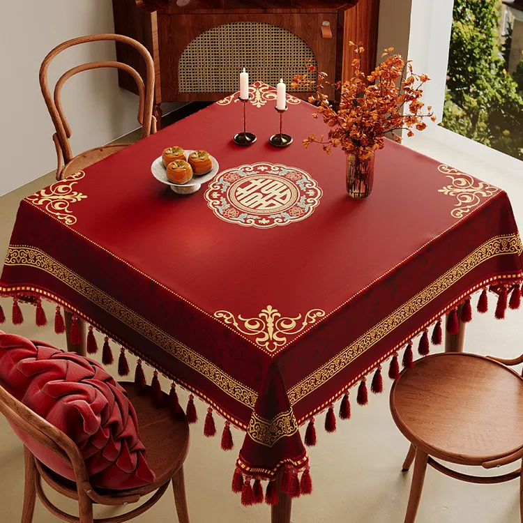 结婚喜庆方桌布新婚婚房装饰婚庆红色正方形餐桌八仙桌麻将桌盖布