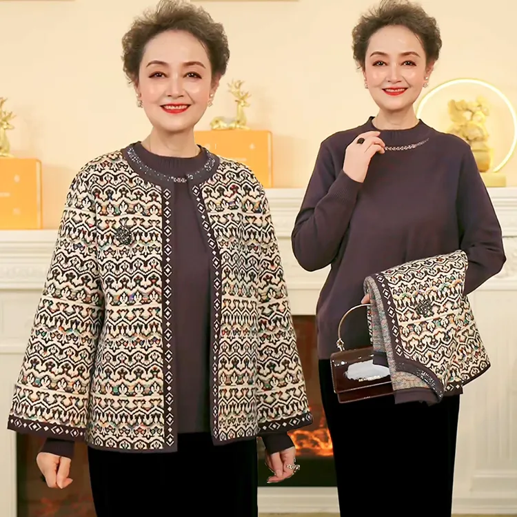 秋装两件套针织衫中老年女士气质百搭长袖开衫+洋气半高领冬毛衣