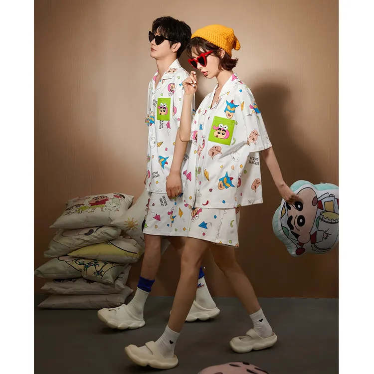 JIUVIA【凉感型】蜡笔小新情侣睡衣女夏季棉质外穿短袖家居服套装