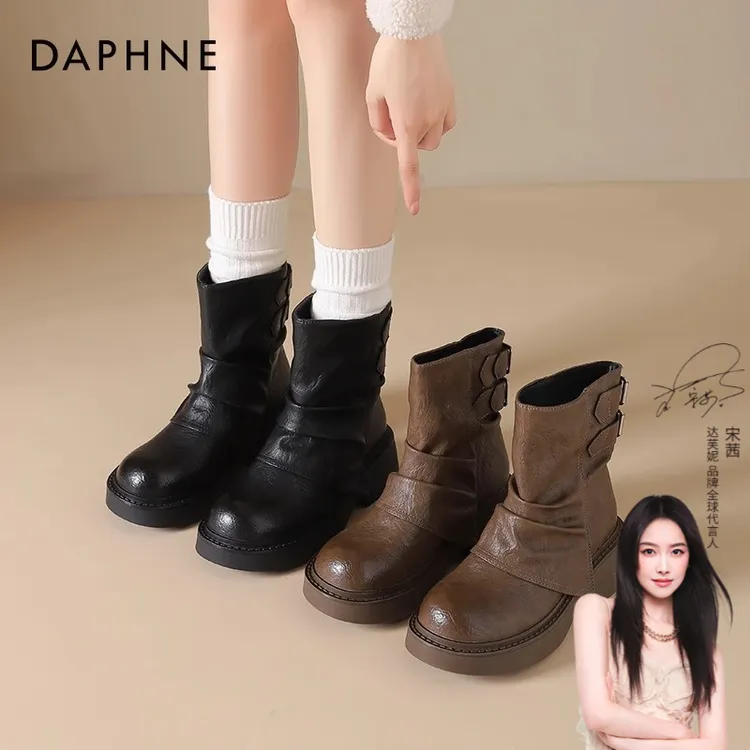 达芙妮堆堆靴女2025新款秋冬马丁靴女复古百搭英伦风厚底短靴女zc