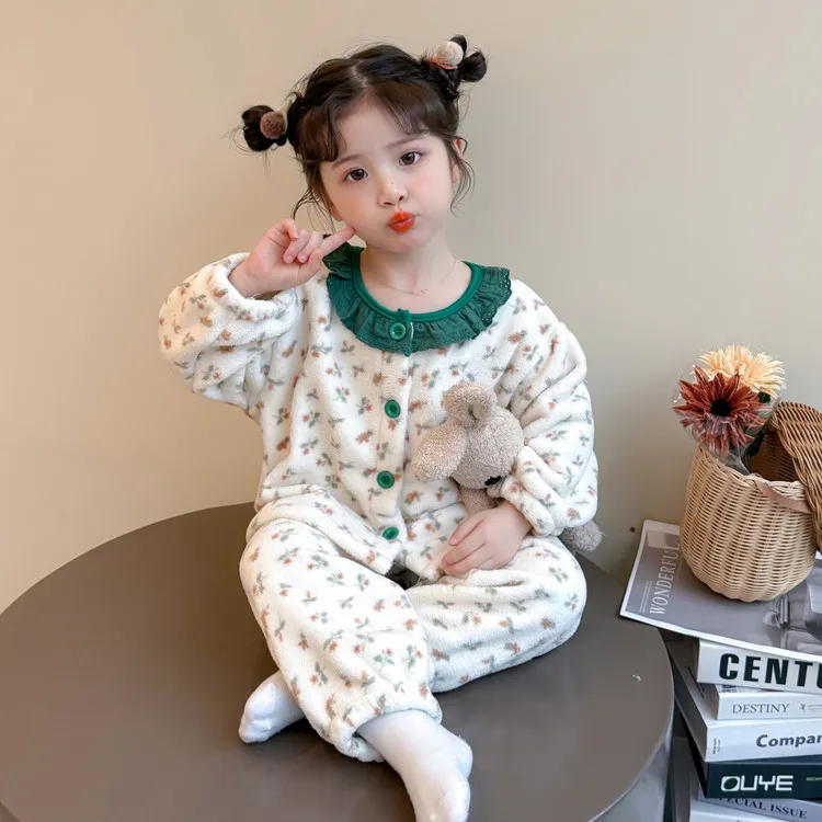 女童法兰绒睡衣秋冬季加厚珊瑚绒女孩宝宝洋气冬款儿童加绒家居服