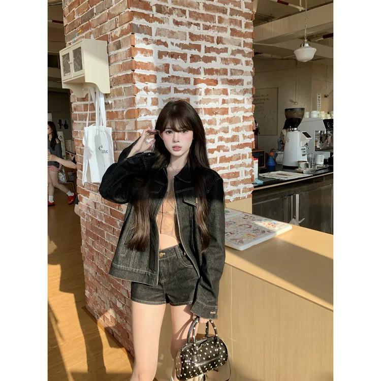 美式复古牛仔套装长袖拉链开衫外套上衣女早秋辣妹包臀短裤两件套