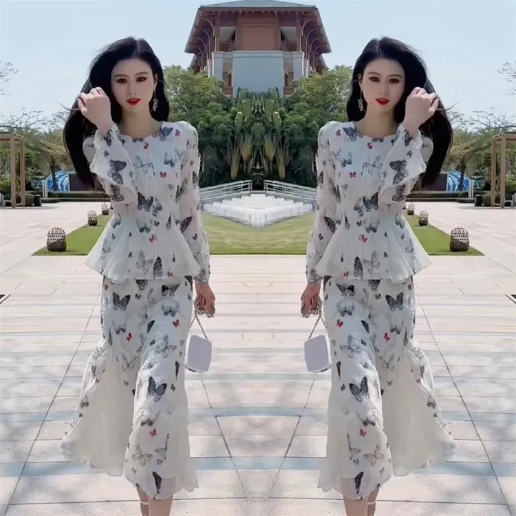 精致感时尚通勤裙夏季新款洋气碎花雪纺衫配鱼尾半身裙女性