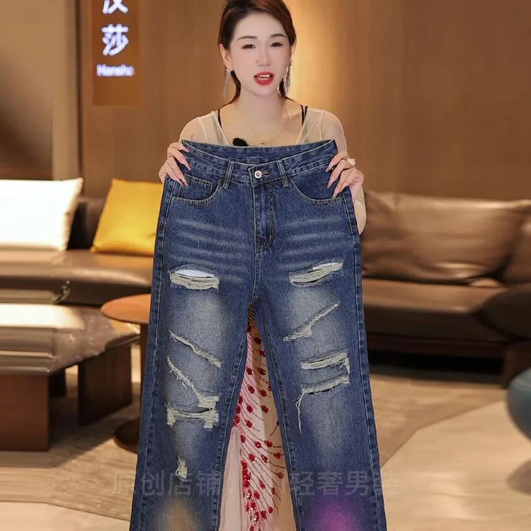 2025秋季新款美式高街男士牛仔裤时尚破洞宽松休闲百搭直筒裤男款
