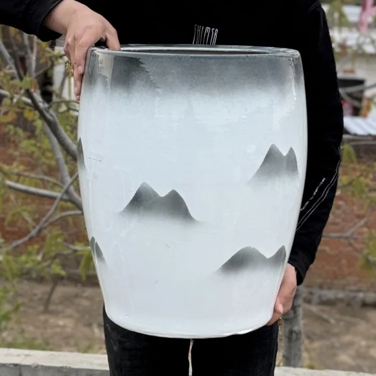 新中式山水画陶瓷花盆大口径简约透气高款大花蕙兰花家用客厅绿植