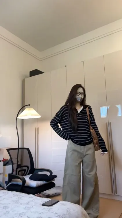 2025早秋新款韩系慵懒风设计感条纹长袖T恤百搭阔腿裤两件套装