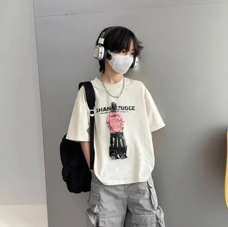 2025夏季美式透气柔软吸汗休闲100%纯棉宽松圆领短袖印花上衣夏款