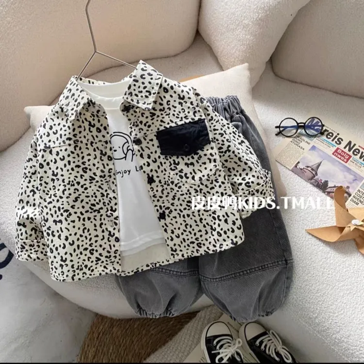 童装2025新款韩版春装男童衬衫长袖儿童衬衣宝宝豹纹上衣男孩外套