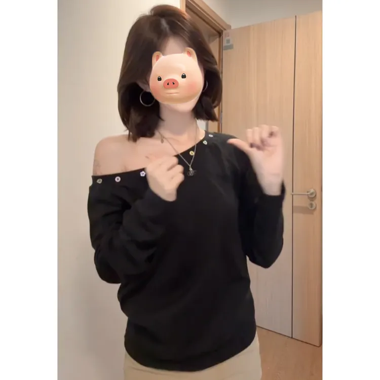 法式不规则黑色斜肩长袖T恤女秋冬季修身露肩打底衫早秋chic上衣