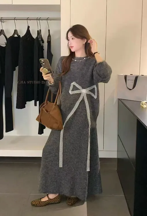 高级感甜美简约千金珍珠领毛针织网红韩版蝴蝶结上衣+半身裙套装