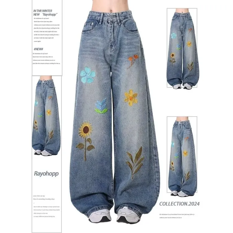 美式高街复古水洗花朵刺绣牛仔裤小众潮牌宽松百搭直筒休闲裤