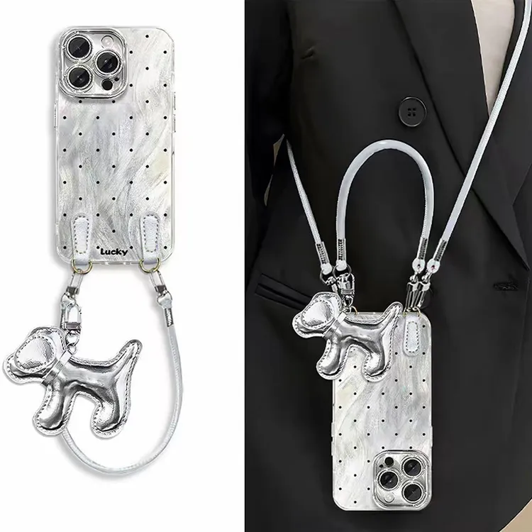 波点羽纱壳斜跨绳适用苹果16promax手机壳华为荣耀/OPPO/vivo小米