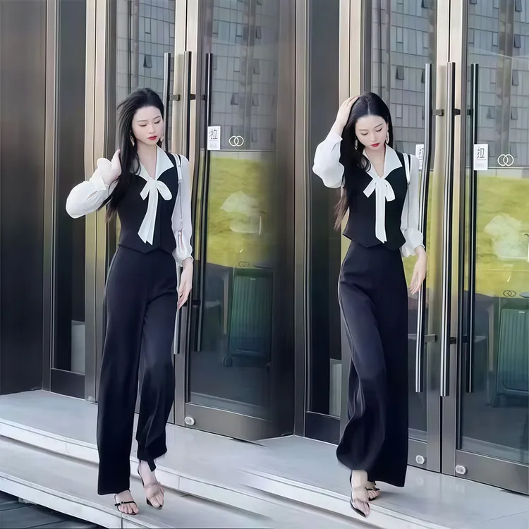 2025时尚网红爆款春秋气质新款拼接长袖上衣高腰阔腿裤套装两件套