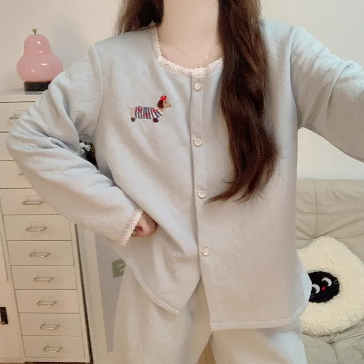 空气棉夹层加厚睡衣女款秋冬季新款长袖卡通腊肠狗保暖家居服套装