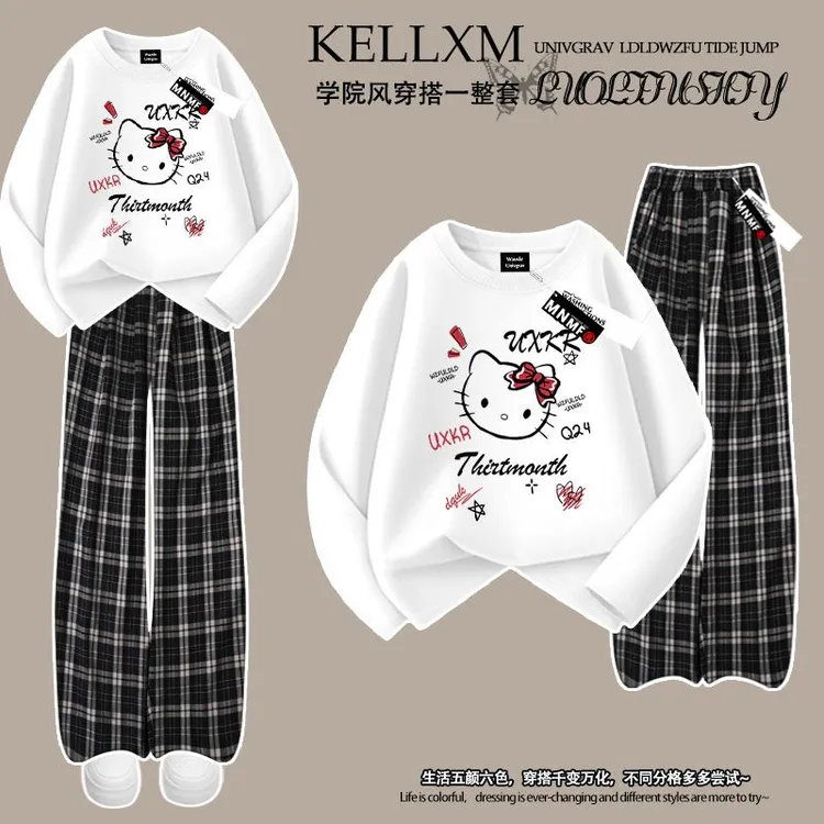 女童纯棉t恤长袖格子裤套装春秋新款洋气kitty印花百搭休闲两件套