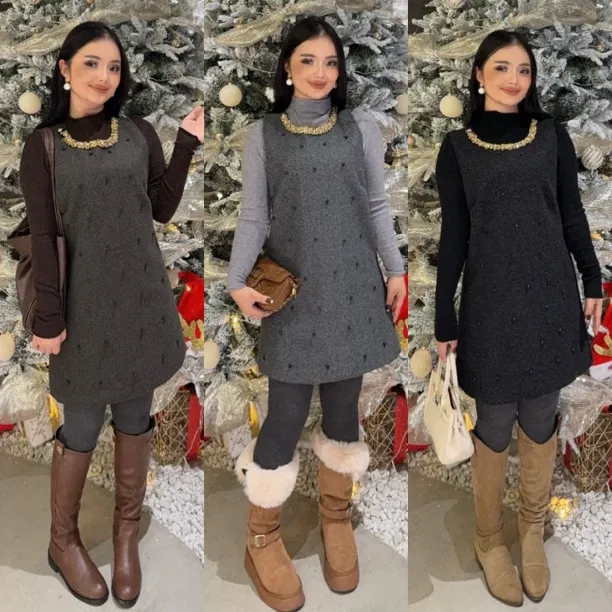 【现货】Rayhon冬季设计感小香风手工钉珠无袖背心裙显瘦时尚连衣裙