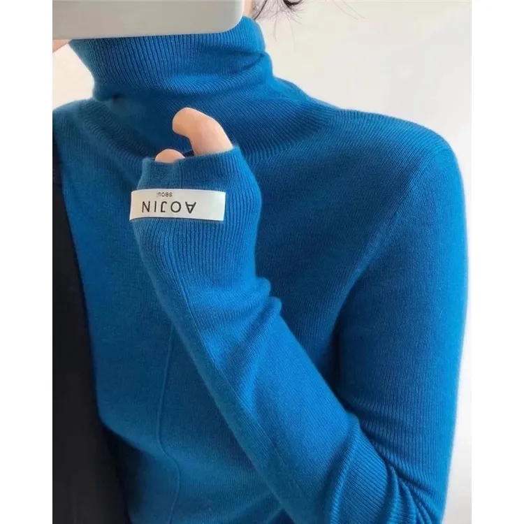 克莱因蓝堆堆领针织衫女春秋高级感修身显瘦内搭打底毛衣高领上衣