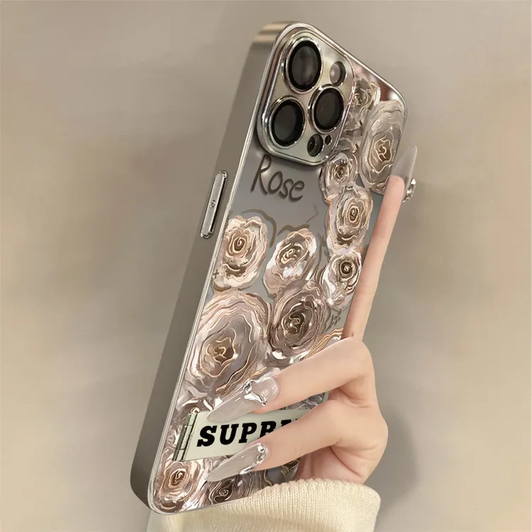 英文玫瑰适用苹果16Promax手机壳iPhone华为oppo小米vivo镜面套
