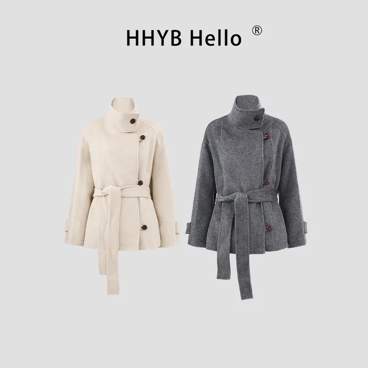 HHYB Hello2025秋冬季新款廓形全羊毛立领双面呢大衣女外套H70038