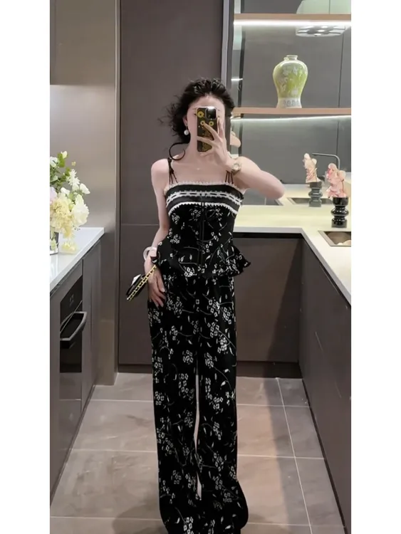 新中式国风套装2025夏季新款复古印花A字吊带上衣休闲阔腿裤女装