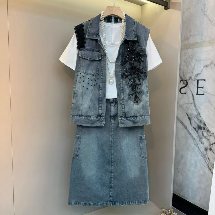 重工钉珠立体花朵蕾丝拼接设计休闲减龄百搭半身裙百搭显瘦套装