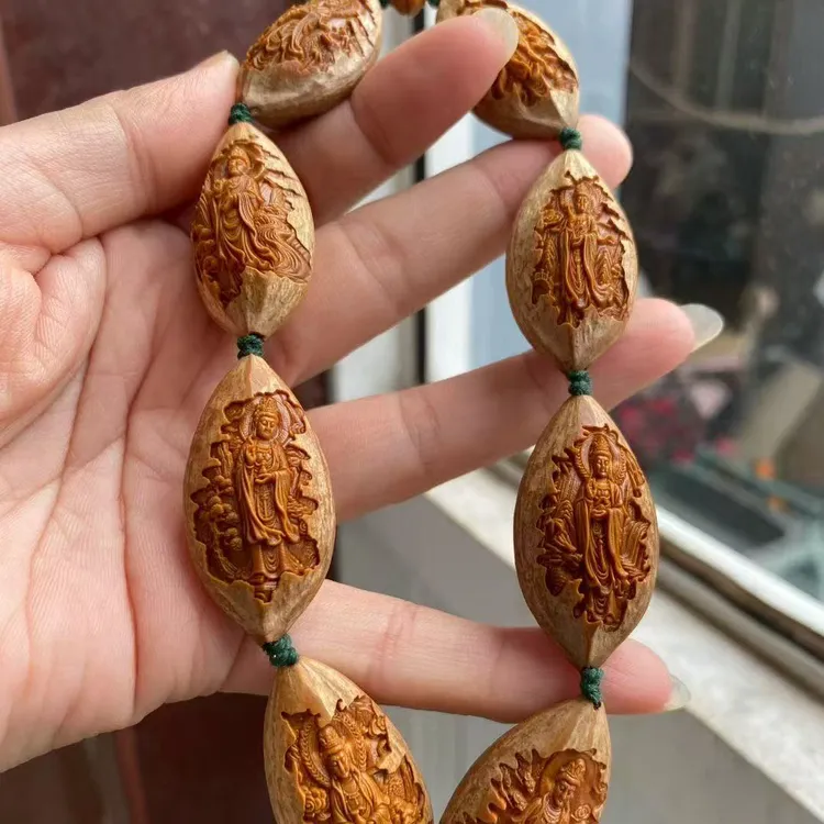 橄榄核手串两花整身观音纯手工雕刻文玩核雕带落款 1.9cm精品手串