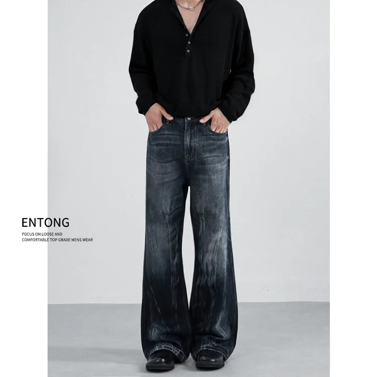 Entong美式水洗vintage微喇牛仔裤男春秋款cleanfit宽松休闲裤子