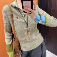 [周也同款]拉链针织衫女秋新款修身撞色拼接上衣4433