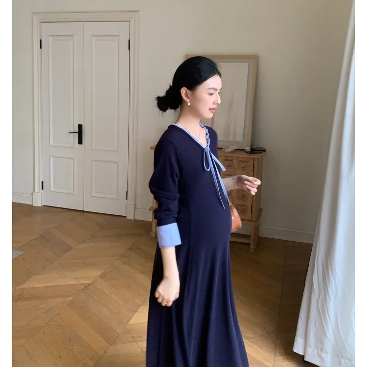 ZMA孕妇装【蝴蝶结系带裙】春秋撞色连衣裙秋季新款法式长袖长裙