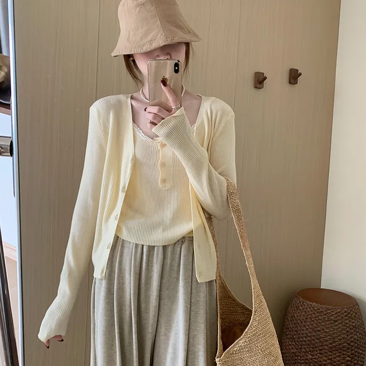 花边吊带两件套上衣2026秋季新款甜美气质简约风针织衫套装C2-87