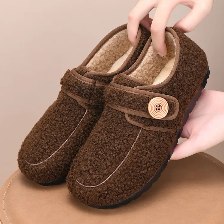 复古加绒平底女棉鞋老北京布鞋可爱圆头博肯鞋毛绒保暖豆豆棉鞋