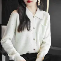 100纯羊毛 秋冬羊毛针织衬衫女外套POLO领打底毛衣翻领外搭上衣