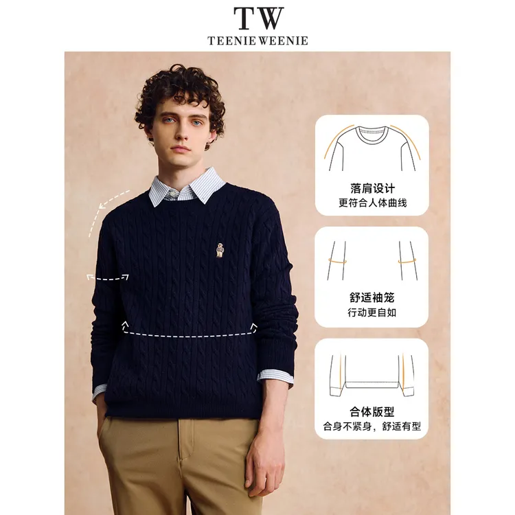 TeenieWeenie小熊男装休闲圆领绞花舒适简约保暖毛衣TNKW26E601S