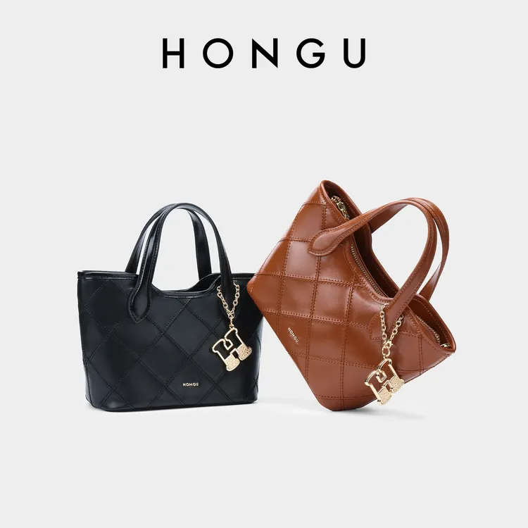 HONGU/红谷时尚菱格单肩包女士质感牛皮水桶包菜篮子包手拎包7153