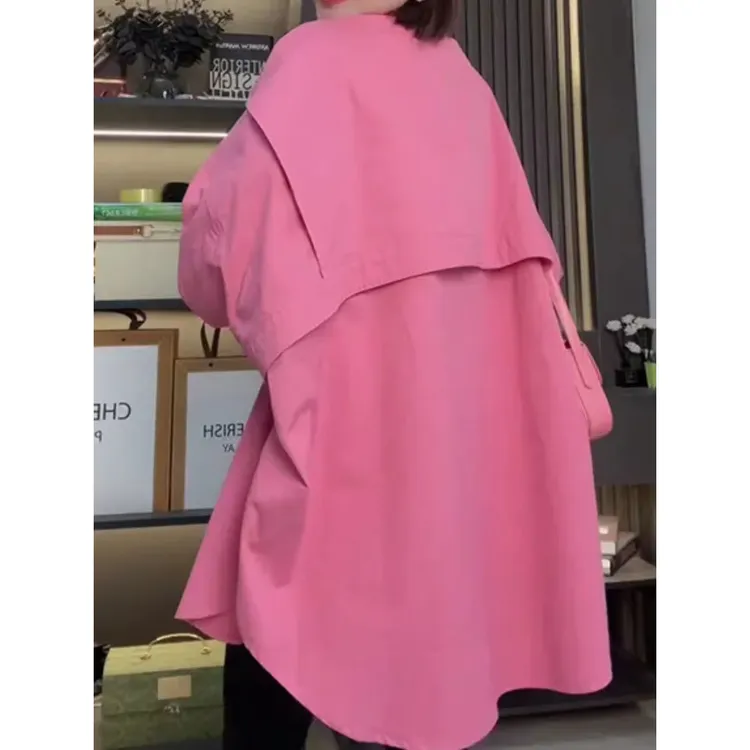 2024秋新款女韩版简约通勤长袖衬衫POLO领宽松外套纯色拼接薄款常